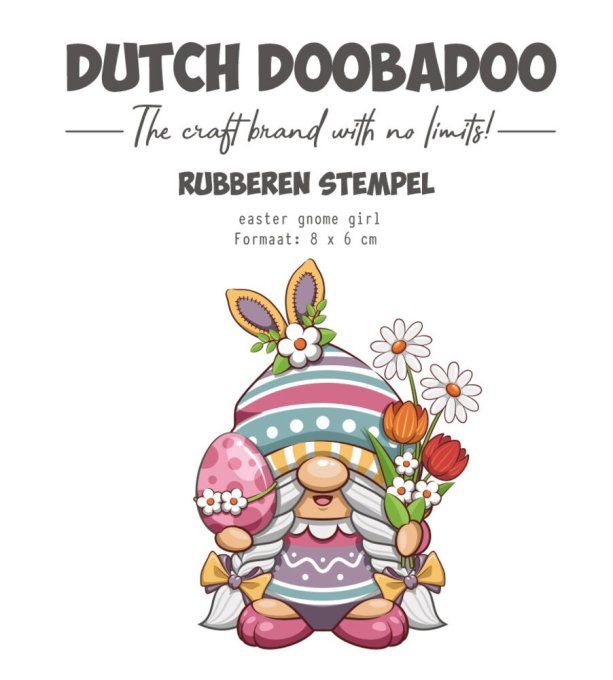 Tampon caoutchouc NON MONTE, Easter gnome girl, Dutch Doobadoo - dim. : 8x6cm env. 