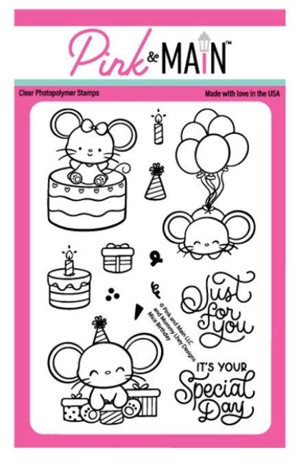13 Tampons - Pink & Main - Mice birthday - Dimension de la planche : 10.5x15.5cm environ
