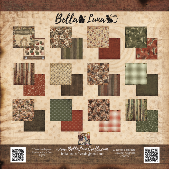 Ensemble de 12 feuilles motif recto verso, 30x30 - Redhood - Basic BellaLuna crafts - 190gsm