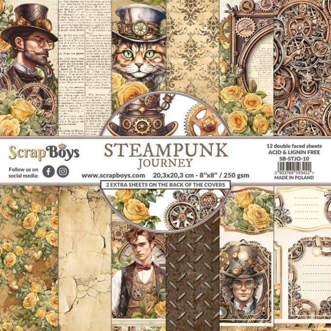 Ensemble de 12 feuilles 20x20cm, Scrapboys, Steampunk journey - 250gsm 