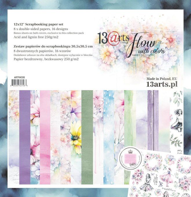 Ensemble de 8 feuilles, 30x30cm, Collection : Flow with colors, 13@rts - Motif recto verso  - 250g