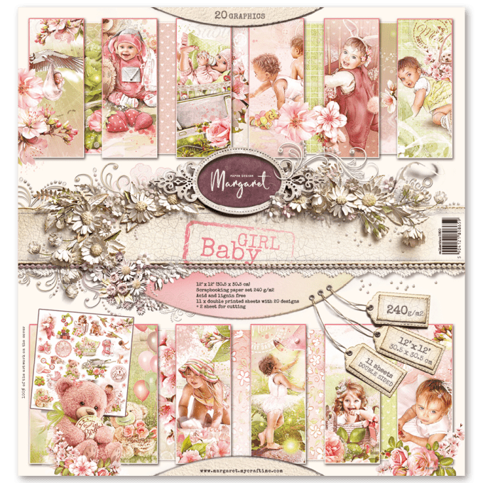 Ensemble de 11 feuilles, 30x30cm, collection : Baby Girl, 240g