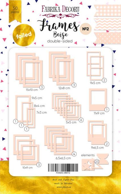 Ensemble de 50 die-cuts en papier, forme de cadres, beige rosé et foil doré - différentes tailles