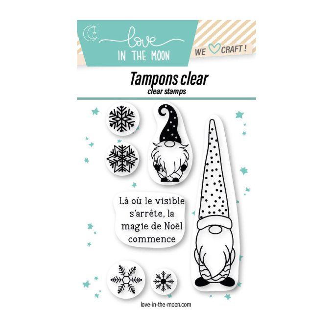 7 Tampons clears - Love in the moon, Gnomes, dim. de la planche : 6.5x9.5cm environ