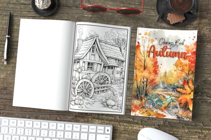 Livre de coloriage, page lisse, Automne, dimensions : 20.5x29.5cm environ