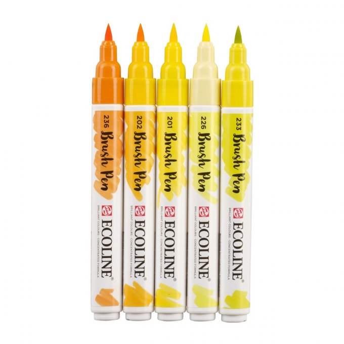 5 brush pen, Ecoline - Jaune - feutres pourvus d'aquarelle