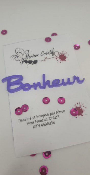 Mot en acrylique : Bonheur - 100% horizon créatif (dimension 7.6x1.6cm environ), à l'unité