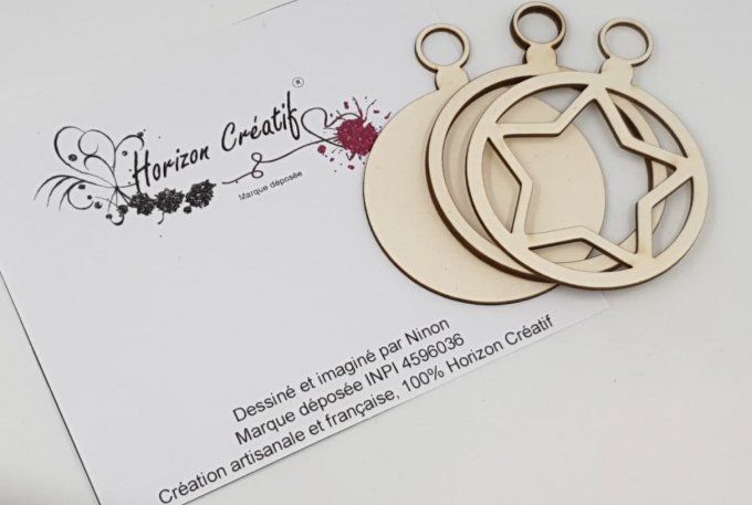 Chipboard, pour shaker, 100% Horizon Créatif - hauteur : 65mm, diam. 50mm - boule de noël : étoile