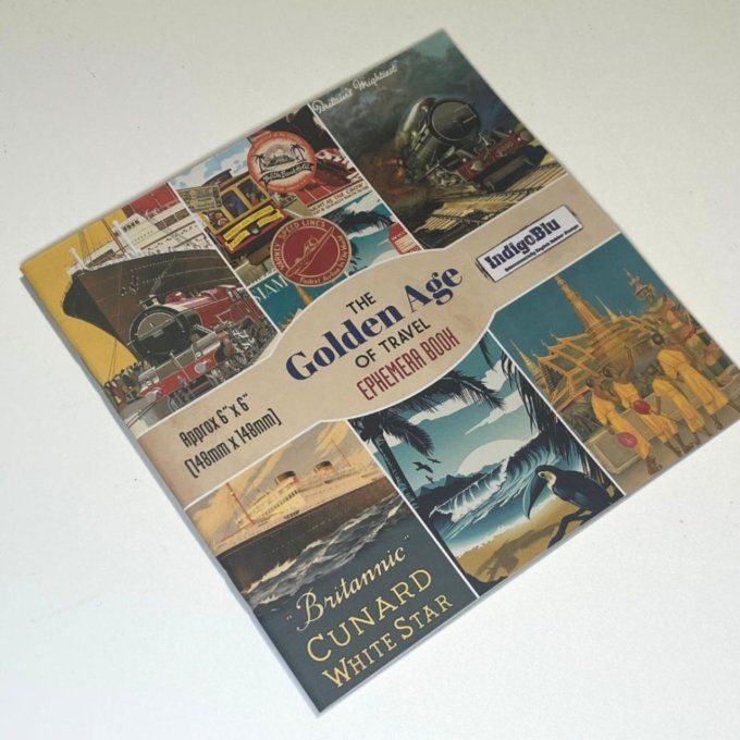 10 feuilles, The golden age of travel, indigoBlu - format 15x15cm environ, Motifs recto, à découper