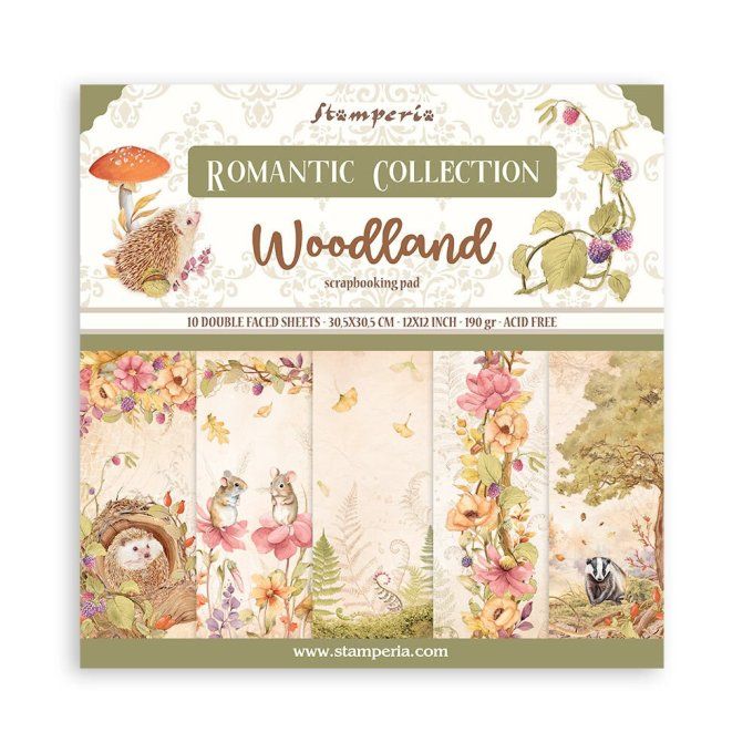 Collection Woodland, 30x30cm - 10 feuilles motif recto verso - Stamperia - 190g 