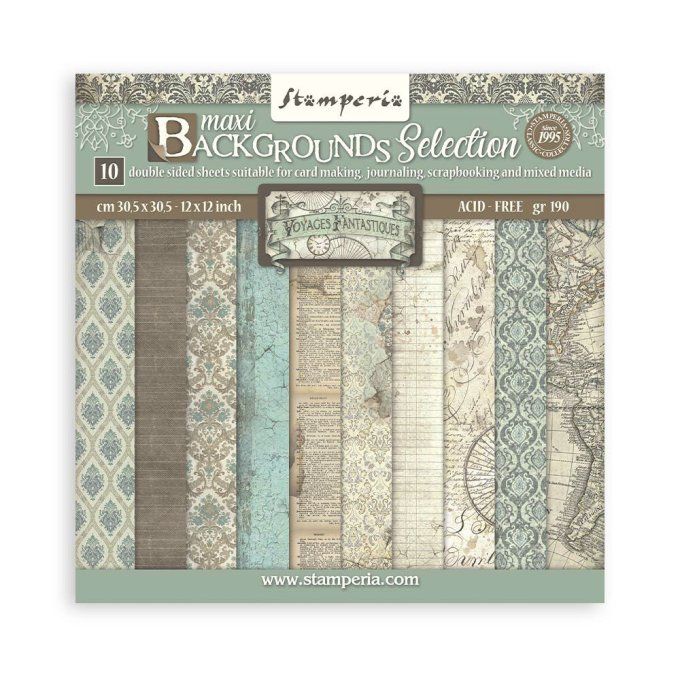 Papier scrapbooking, 30.5x30.5cm, Voyages Fantastiques - background