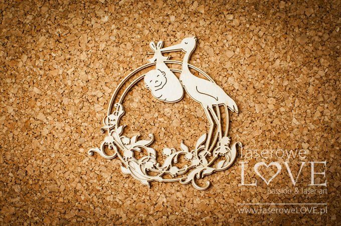  Chipboard - Cigogne avec bébé garçon - Dimension : 9.1x9.1cm environ