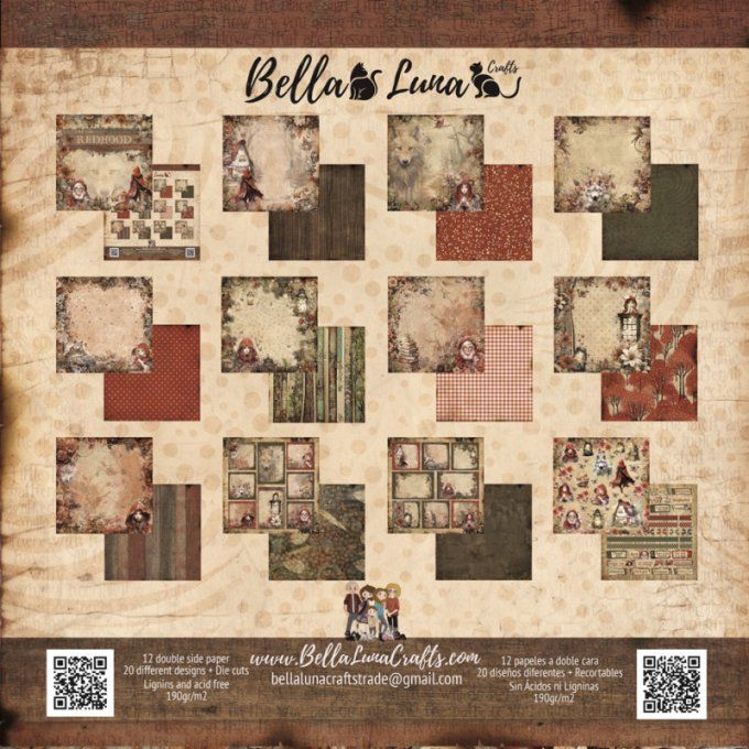 Ensemble de 12 feuilles motif recto verso, 30x30 - Redhood - BellaLuna crafts - 190gsm