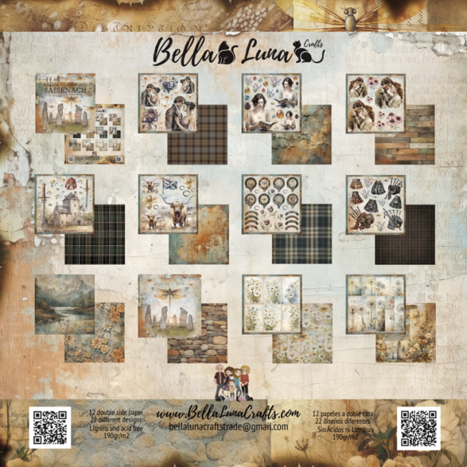 Ensemble de 12 feuilles motif recto verso, 20x20 - Sassenach - Recortables - BellaLuna crafts 