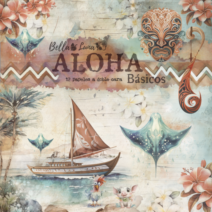 Ensemble de 12 feuilles motif recto verso, 30x30 - Aloha - Basic - BellaLuna crafts - 190gsm 