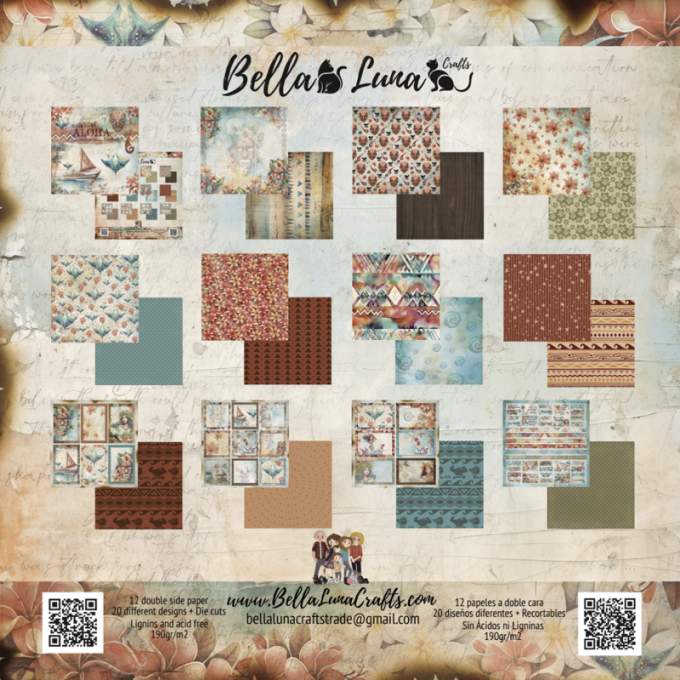 Ensemble de 12 feuilles motif recto verso, 30x30 - Aloha - Basic - BellaLuna crafts - 190gsm 