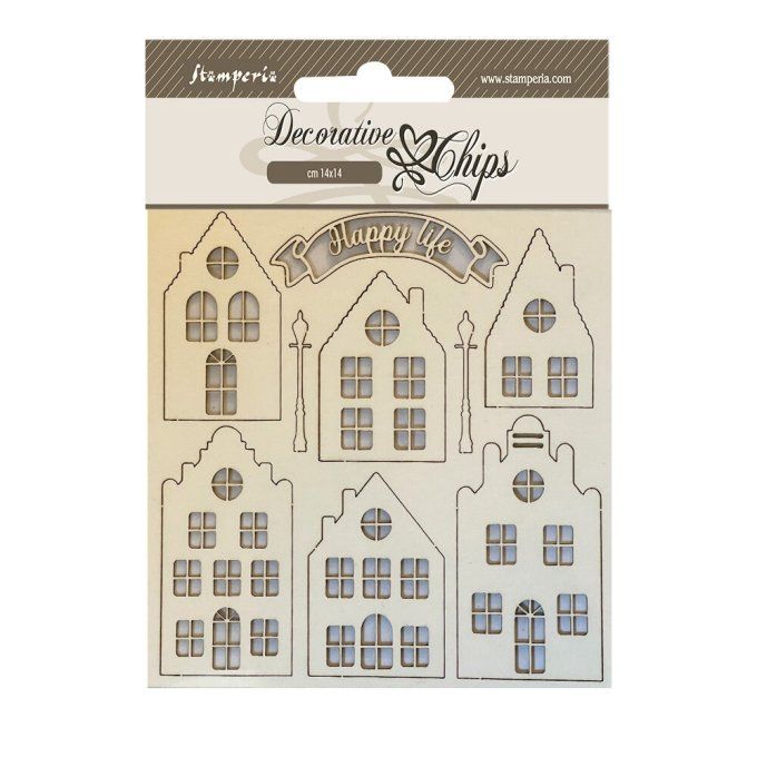 Stamperia, planche de chipboards - dimension 14x14cm - Cozy houses