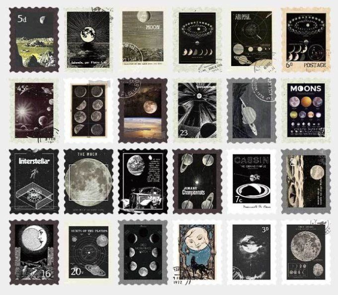 48 stickers en forme de timbre, Planètes, univers - 24 modèles