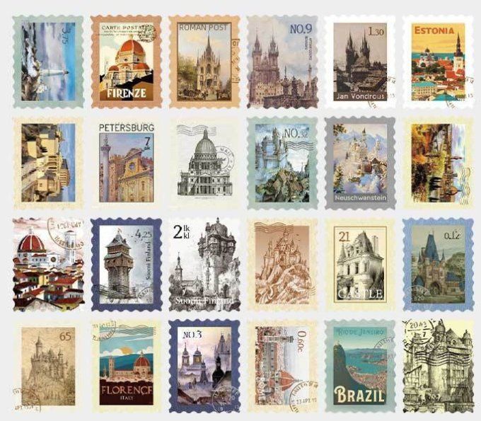 48 stickers en forme de timbre, Tour du monde, univers - 24 modèles