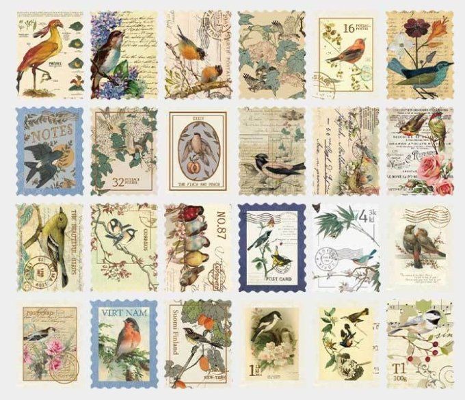 48 stickers en forme de timbre, Oiseaux - 24 modèles