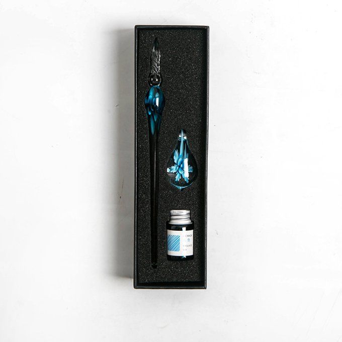 Pinceau de verre - couleur transparent avec motif bleu + petit flacon encre bleu + repose pinceau