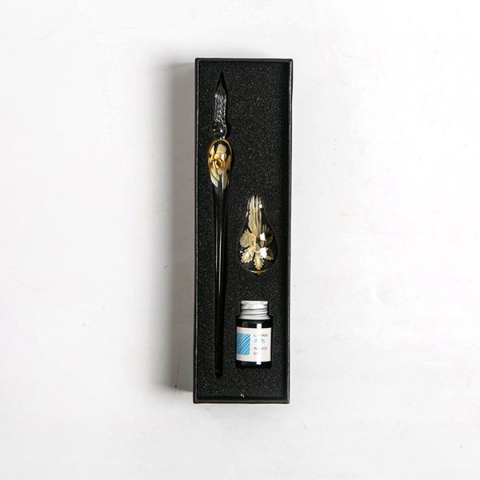 Pinceau de verre - couleur transparent avec motif ochre + petit flacon d'encre bleu + repose pinceau