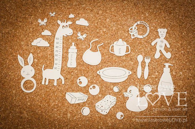 22 chipboards, Accessoires bébé - dimension de la planche : 17x17mm environ 