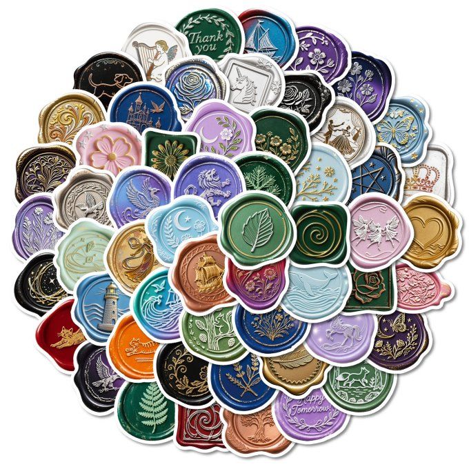 50 Stickers environ, divers motif - effet cachet de cire