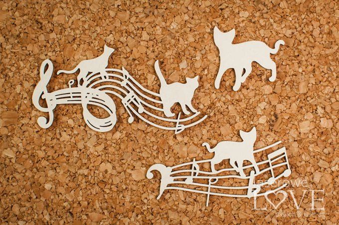 Chipboard, Musique et chats - dimensions : 7.5x4.4 / 6.2x3.1 / 3.5x3.1cm environ