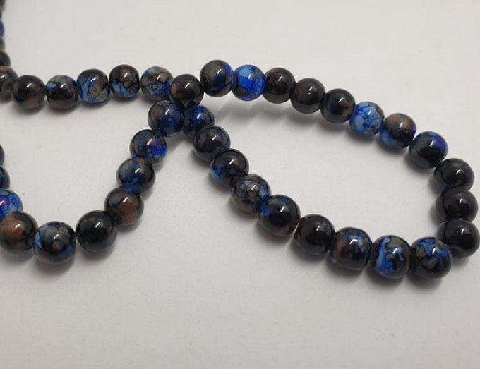 10 Perles en verre bleu marbré, diamètre 6mm environ
