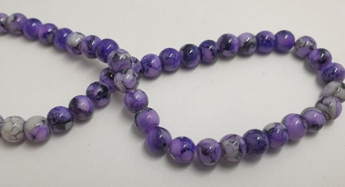 10 Perles en verre Violet marbré, diamètre 6mm environ