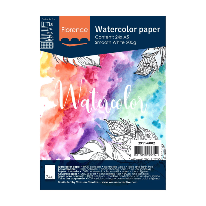 Papier aquarelle, 200gsm, 24 feuilles format A5, blanc, lisse 