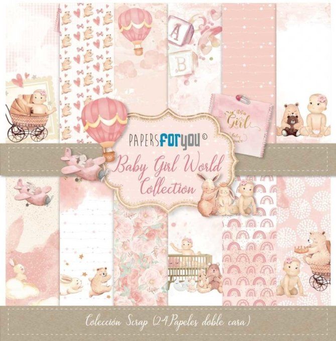 Ensemble de 24 feuilles, 15x15cm, collection : Baby girl world, Papers for you