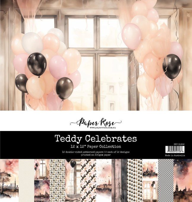 Ensemble de 12 feuilles, 30x30cm, collection : Teddy Celebrates - 200gsm