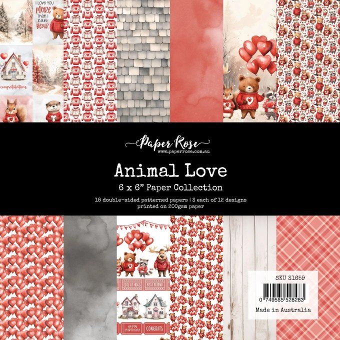 Ensemble de 18 feuilles, 15x15cm, collection : Animal Love - 200gsm