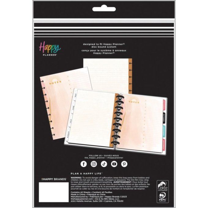 40 feuilles, recharge, happy planner, dimensions : 17.8cmx23.5cm environ