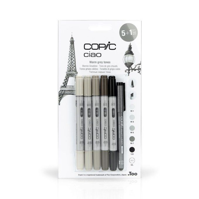 5 Feutres à alcool+1 multiliner, Copic Ciao, Gris chaud -pointe pinceau et pointe biseautée