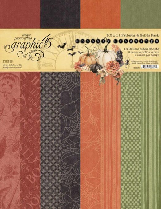 Ensemble de 16 feuilles, format 21.5x28.5cm, Collection Ghostly greetings, patterns - Graphic 45