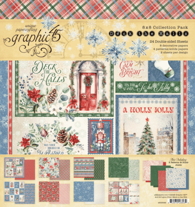 Ensemble de 24 feuilles, format 20x20cm, Collection Deck the halls - Graphic 45