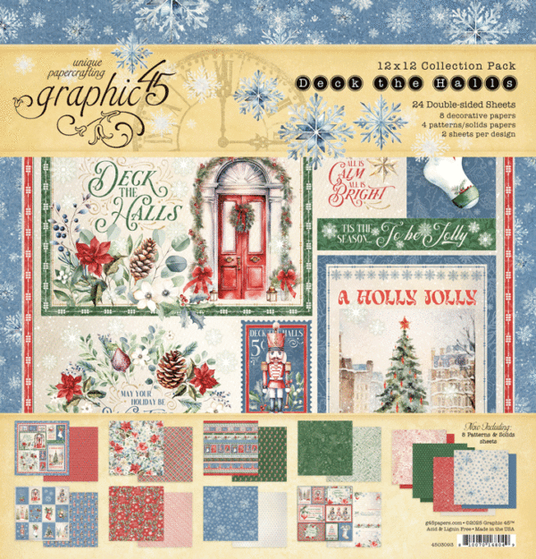 Ensemble de 24 feuilles, format 30x30cm, Collection Deck the halls - Graphic 45