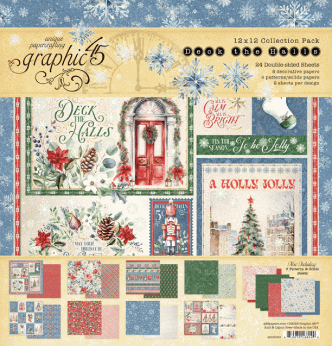 Ensemble de 24 feuilles, format 30x30cm, Collection Deck the halls - Graphic 45 