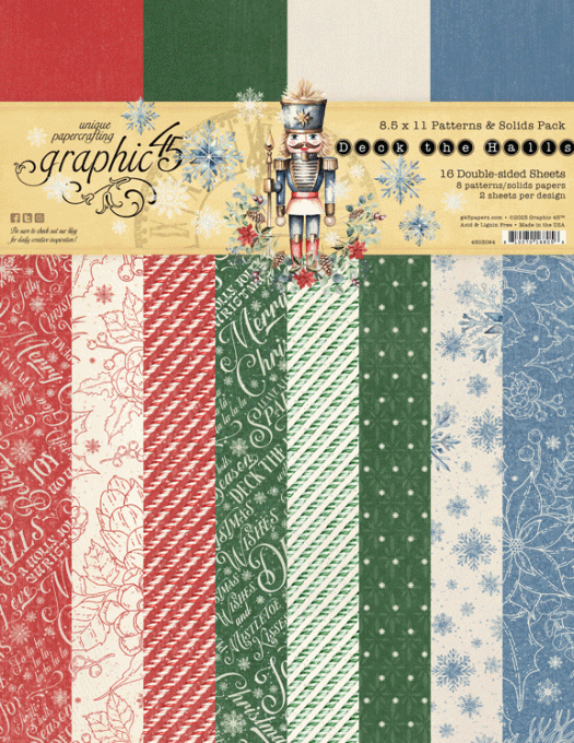 Ensemble de 16 feuilles, format 21.5x28.5cm, Collection Deck the halls, patterns - Graphic 45