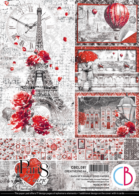 Ciao Bella, collection Paris je t'aime, Format A4 - 9 feuilles - 190gsm