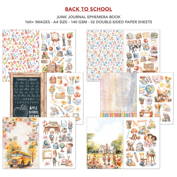 Ciao bella - Ephemera book, Back to school, format A4 - 32 feuilles de papier recto verso 