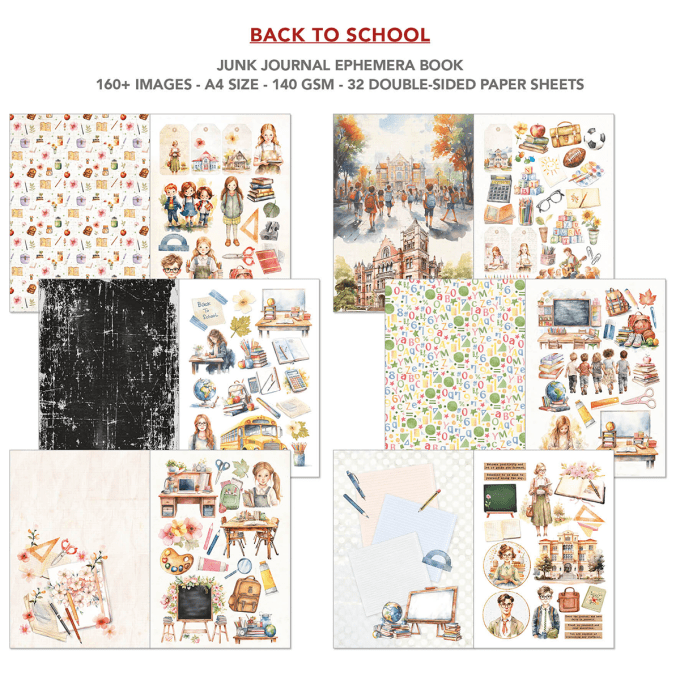 Ciao bella - Ephemera book, Back to school, format A4 - 32 feuilles de papier recto verso 