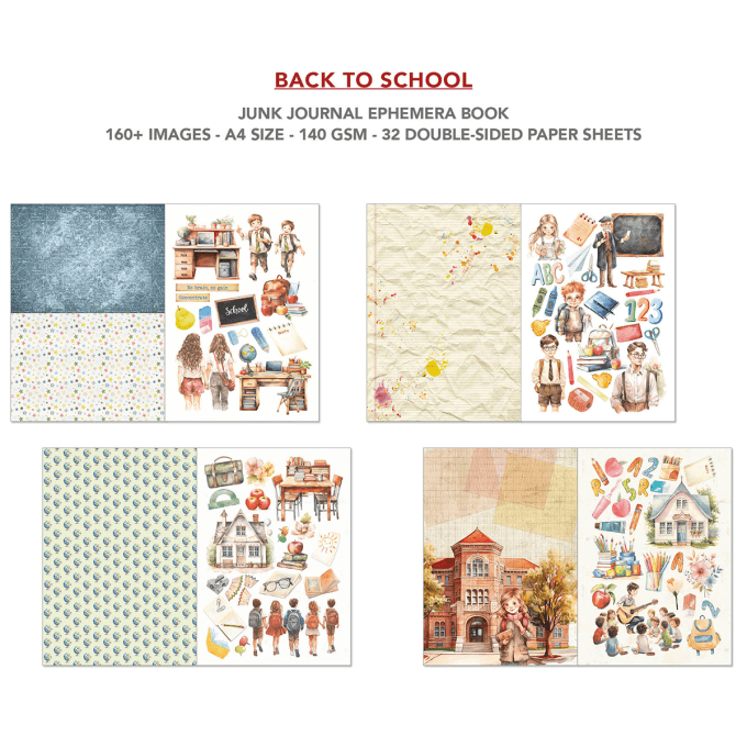 Ciao bella - Ephemera book, Back to school, format A4 - 32 feuilles de papier recto verso 