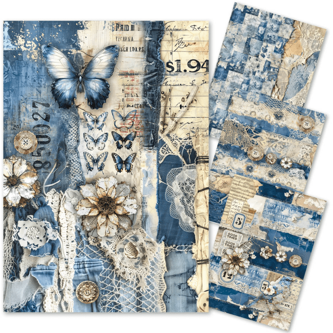 Ciao Bella- 4 feuilles de papier de riz , Format A4 - Urban blue demin