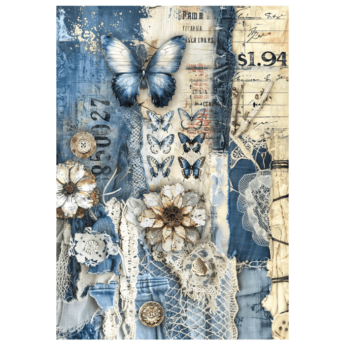 Ciao Bella- 4 feuilles de papier de riz , Format A4 - Urban blue demin