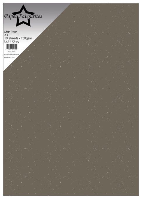 10 feuilles format A4, Paper Favourites, star rain, 130gsm, couleur : light grey légèrement pailleté