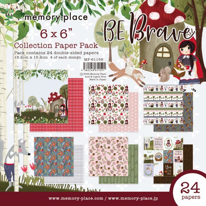 Ensemble de 24 feuilles, format 15x15cm, Memory-Place, Be brave - motif recto verso